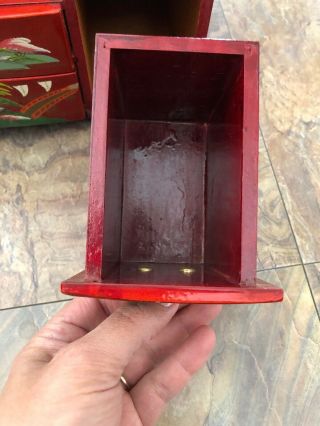 Vintage Red Lacquer Big Jewelry Box Trio Fold Mirrors Trees Homes Design Japan 7