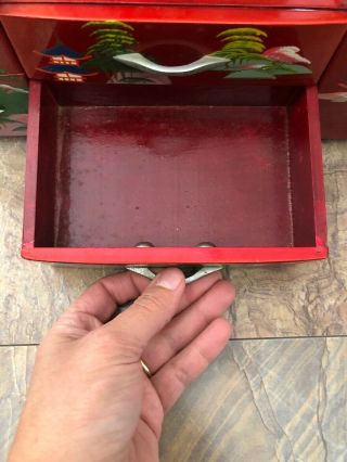 Vintage Red Lacquer Big Jewelry Box Trio Fold Mirrors Trees Homes Design Japan 8