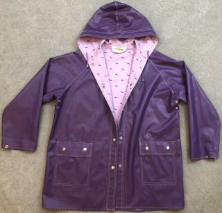 Vtg Pvc Vinyl Raincoat Hooded Rain Jacket Rain Slicker Whale Liner Shiny Purple