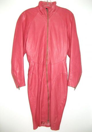 MICHAEL HOBAN NORTH BEACH LEATHER DRESS PINK ZIPPER FRONT Vintage 1980 ' s size S 2