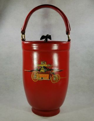 1960s Cairns & Brothers Fireman Pail Leather Ice Bucket Vintage Rare Red