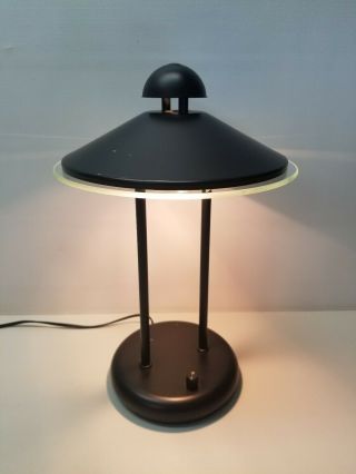 Vtg 1990s Art Deco Black Metal & Glass Dome Shade Desk Lamp Halogen Bulb Taiwan