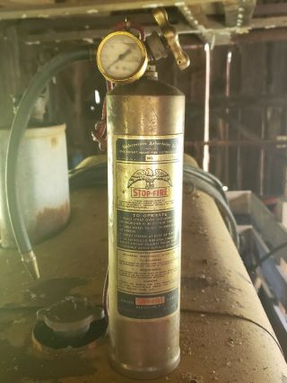 Antique Brass Fire Extinguisher " Stop Fire " Underwriters Laboratories Usa Vtg