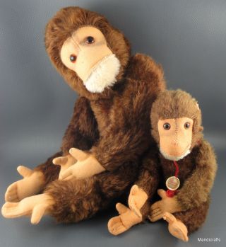 Hermann Jocko Chimp Monkey X 2 Mohair Plush One Id 20 & 40 Cm Squeaker 1960s Vtg