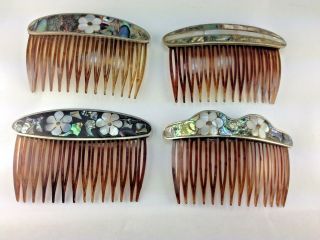 Four Vintage Assorted Abalone & Mother Of Pear Silver Hair Combs