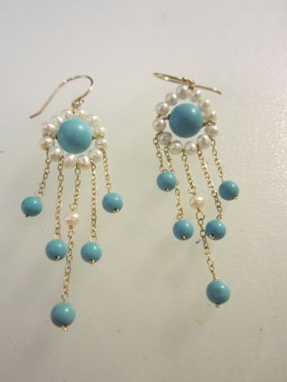 Vintage 14k Gold Pearl And Turquoise Drop Earrings