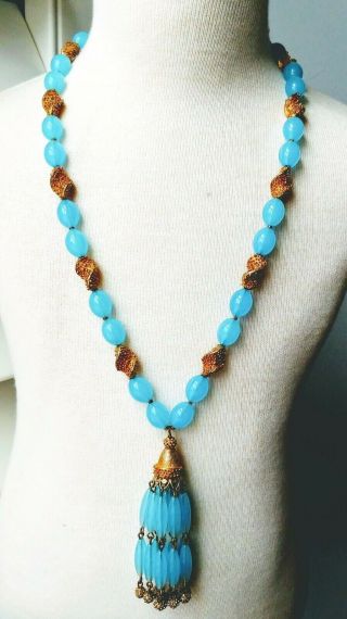 Vtg Trifari Crown Tassel Necklace Blue Lucite Beads & Gold Spacers 1960 