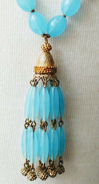 VTG Trifari Crown tassel Necklace Blue lucite Beads & Gold spacers 1960 ' s 2