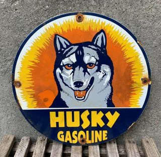 Vintage Husky Gasoline Porcelain Gas Oil Service Station Auto Pump Plate Sign