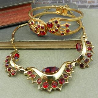 Vintage Signed Coro Gold Tone Necklace W/ Red Stones & Bracelet Set