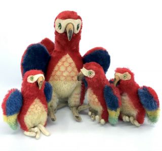 Steiff Lara Parrot X 4 Macaw Birds Mohair Plush 12cm 22cm 5in 9in 1960s Vtg Noid