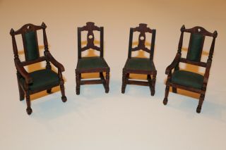 Vintage Set (4) Upholstered Wooden Dollhouse Dining Chairs - 2 Arm - Germany