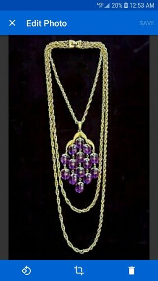 1960s Iconic Crown Trifari 3 Strand Chain Necklace Purple Lucite Waterfall