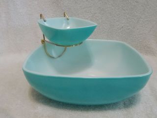 Vintage Pyrex Turquoise Square Chip & Dip Set With Non Pyrex Bracket