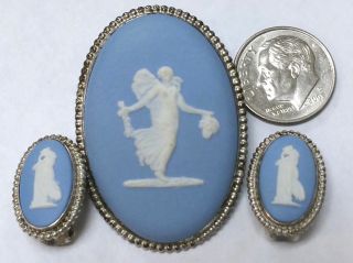Vintage Wedgwood Earrings Brooch Pin Set Blue Grecian Cameo Sterling Silver