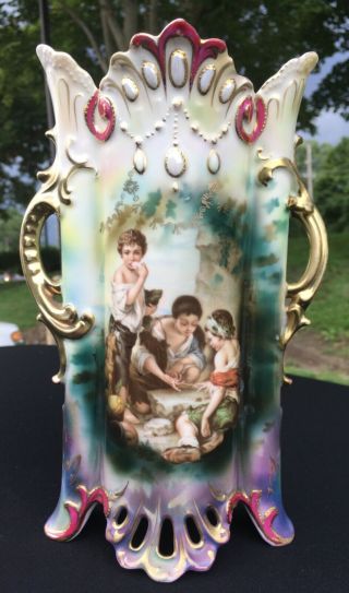 V Rare Rs Prussia Jeweled Tiffany Melon Eaters Porcelain Vase