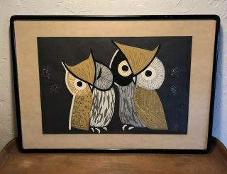 Vintage Kawano Kaoru Japanese Woodblock Print Double Owls Mid Century