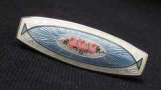 Antique Edwardian Sterling Silver Guilloche Enamel Brooch Pin Flower Design