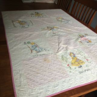 Antique? Vtg Baby Crib Quilt Embroidered Day Of Week 52x35.  5 " Farm Cot Chic