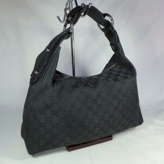 Authentic Vintage Gucci Horsebit Black Gg Canvas Medium Shoulder Hobo Handbag