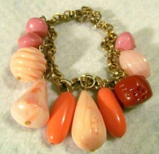 Vintage Celluloid Red Pink Salmon Coral Gold Charm Bracelet Fob