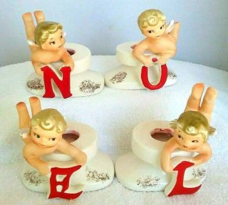 Vintage Lefton Cherub/angel Noel Christmas Candle Holder Set Of 4 W/box 2305