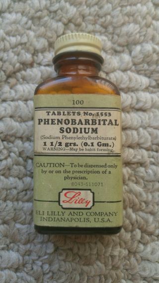 Vintage Eli Lilly Apothecary Bottle Phenobarbital Sodium 1 1/2 Grs