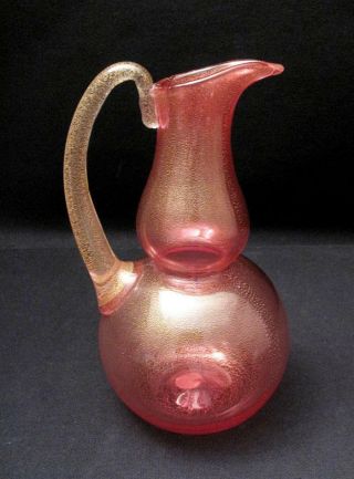 Vintage Italian Murano Glass Cranberry Pink & Gold Aventurine Jug With Label