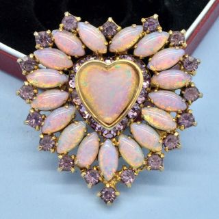 Vintage Brooch Large 1950s Faux Opal & Lilac Crystal Heart Goldtone Jewellery