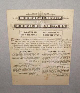 Antique Vtg 1885 Burdock Blood Bitters Large Advertising Trade Card 4.  5 X 6 2