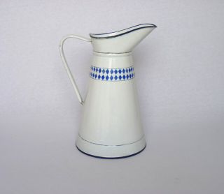 Vintage French Enamelware Body Pitcher In White With Blue Diamond Band