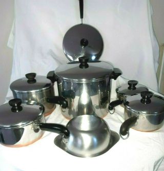 13 Pc.  Vintage Revere Ware Stainless Steel Copper Bottom Set With Lids