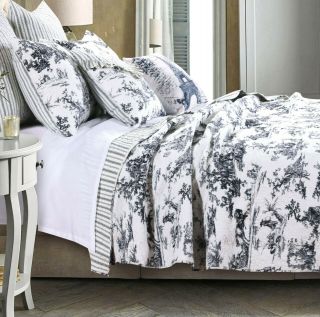 Classic Black Toile Full Queen Quilt Set : Country Shabby Floral Vintage Cottage