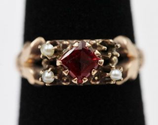 Antique Victorian 10k Rose Gold Seed Pearl Red Stone Size 4 Ring