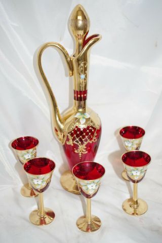 Vintage Venetian Murano Ruby Red Gold Liquor Jug Decanter Flowers & 5 Cups Set
