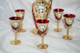 Vintage Venetian Murano Ruby Red Gold Liquor Jug Decanter Flowers & 5 Cups Set 2
