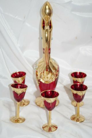 Vintage Venetian Murano Ruby Red Gold Liquor Jug Decanter Flowers & 5 Cups Set 3