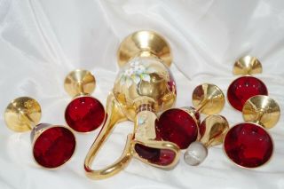 Vintage Venetian Murano Ruby Red Gold Liquor Jug Decanter Flowers & 5 Cups Set 4