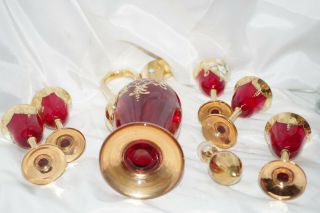 Vintage Venetian Murano Ruby Red Gold Liquor Jug Decanter Flowers & 5 Cups Set 5