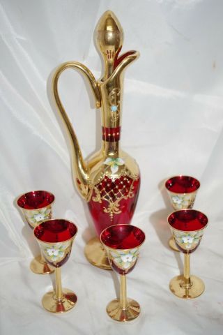 Vintage Venetian Murano Ruby Red Gold Liquor Jug Decanter Flowers & 5 Cups Set 6