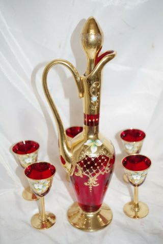 Vintage Venetian Murano Ruby Red Gold Liquor Jug Decanter Flowers & 5 Cups Set 7