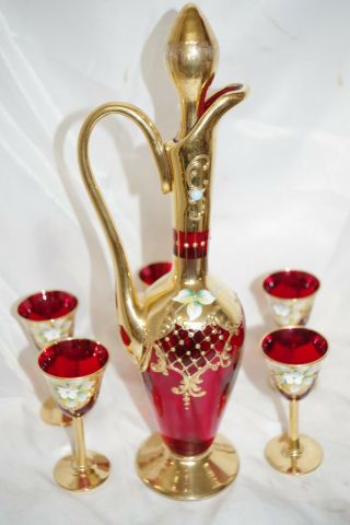 Vintage Venetian Murano Ruby Red Gold Liquor Jug Decanter Flowers & 5 Cups Set 8