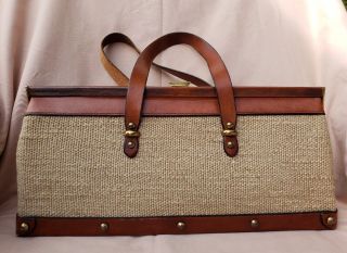 Vintage Lederer De Paris Handmade Brown Tan Leather Tweed Handbag