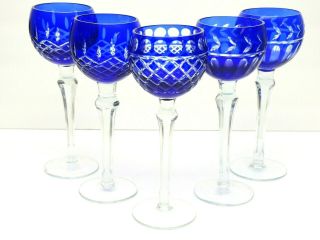 Vtg Set Of 5 Cobalt Blue Bohemian Czech Cut Clear Crystal Wine Hock Glass 8 1/4 "