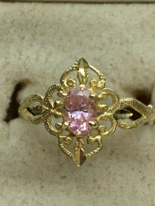 Vintage 10k Yellow Gold Ring Filigreed Flower W/ Rose Quartz Stone Size 6 ¾