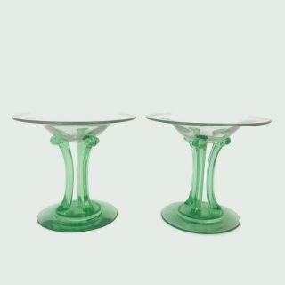 Pair Vtg 1931 - 32 Fostoria Tripod Elegant Depression Green Glass Compote Art Deco