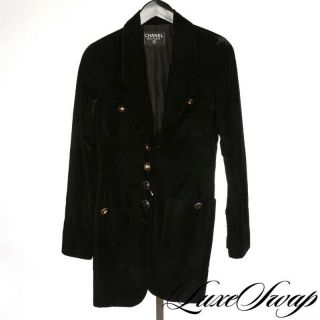 Rare Vintage Chanel Boutique Vtg 90s Black Velvet Gold Cc Btn Frock Coat Jacket