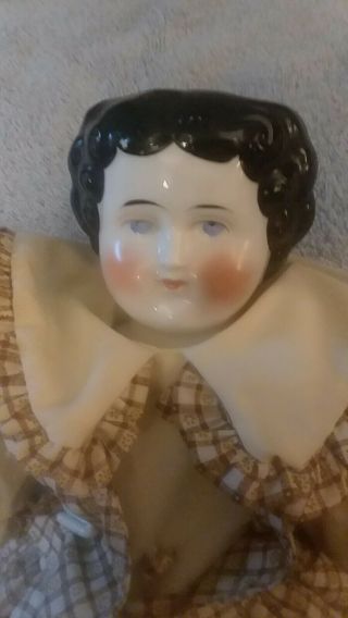 Antique 18 - Inch China Head Doll In Adorable Brown & Cream Checked Dress With.