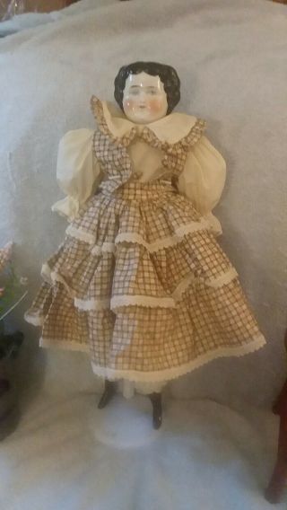 Antique 18 - Inch China Head Doll in Adorable Brown & Cream Checked Dress with. 2