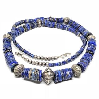 Lapis Sterling Silver Graduated Bench Bead Fluted Native American Necklace Vtg